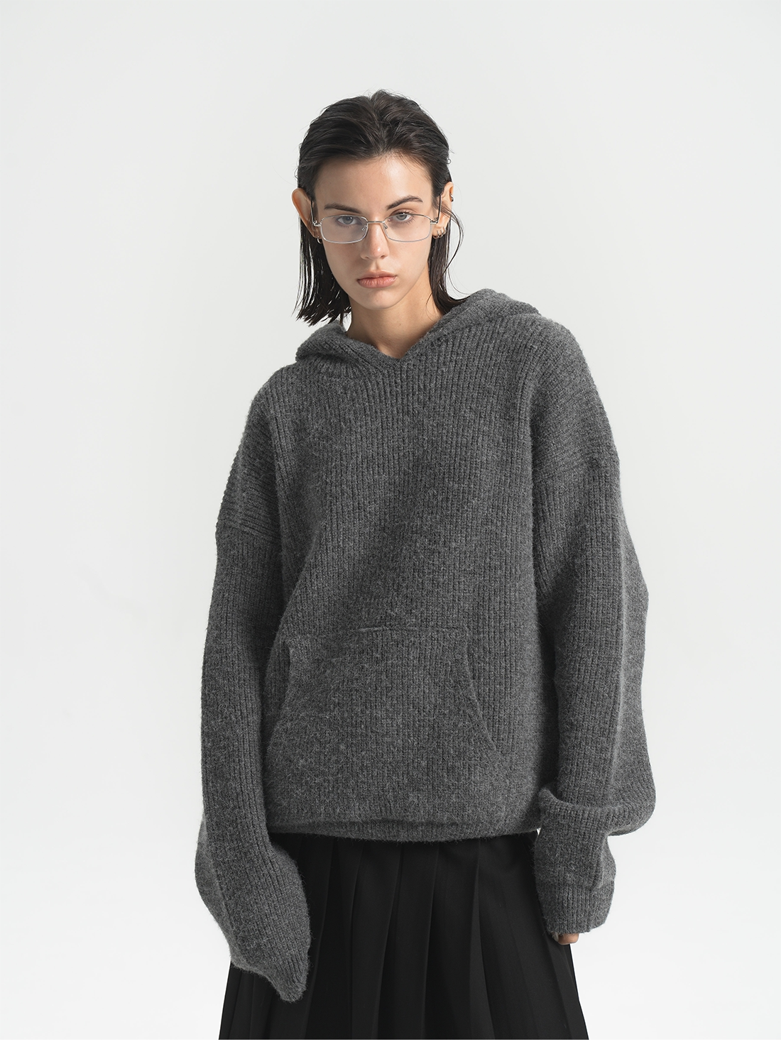 PURESQUARE Boxy Ribbed Knit Hoodie