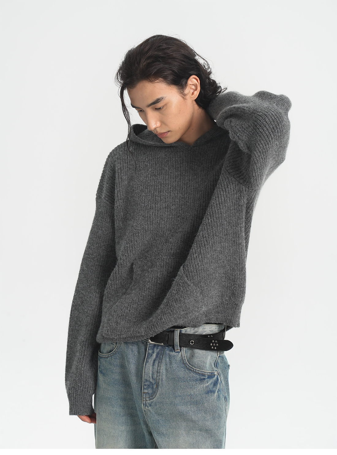 PURESQUARE Boxy Ribbed Knit Hoodie