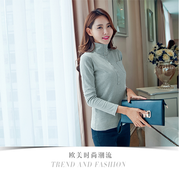 Áo mới mùa thu màu rắn cổ cao áo thun nữ dài tay dày cotton đáy áo Slim phiên bản Hàn Quốc của áo nữ từ bi áo thun nữ đẹp