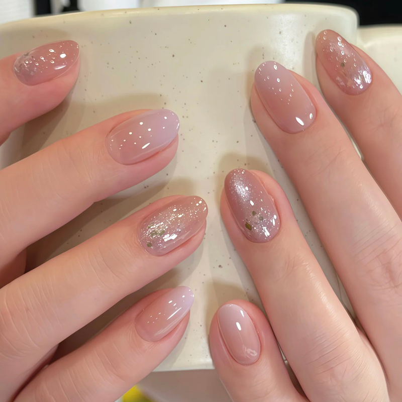 Oh, Ni~ Handmade Gentle Nude Pink-Purple Gradient Short Press-On Nails with Glitter and Dazzling Cat-Eye Nail Patches