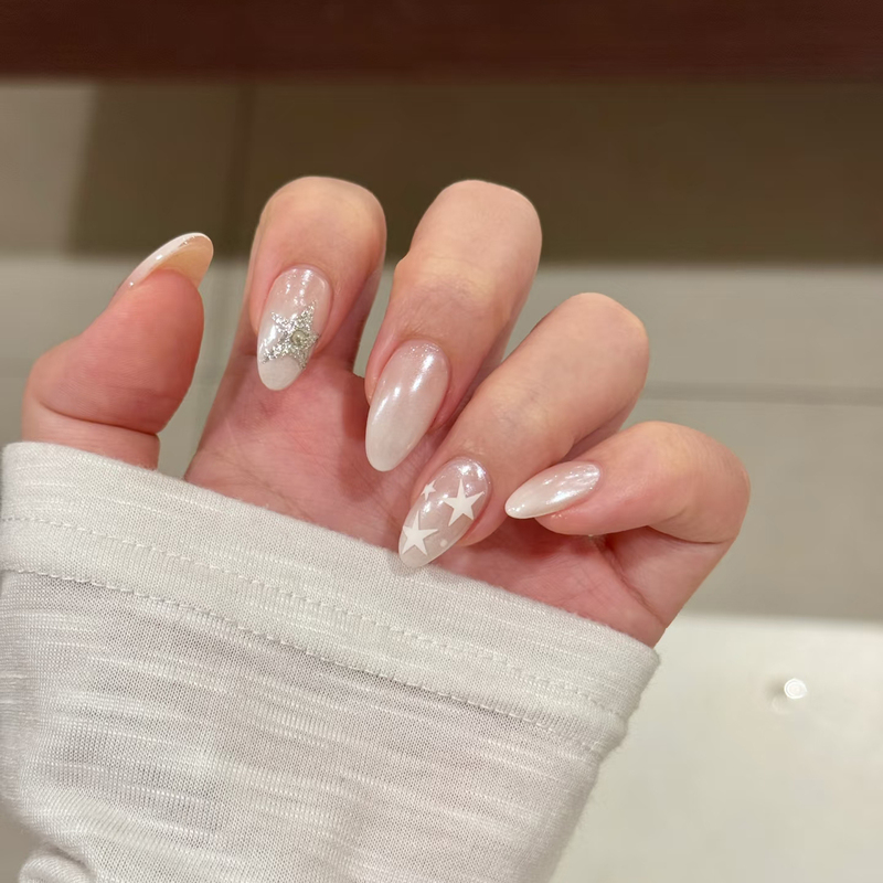 Oh, Ni~ Handmade Elegant Hailey-Style Press-On Nails, Star Nail Art Finished Product, Bridal Moonlight White Nail Patches, Removable