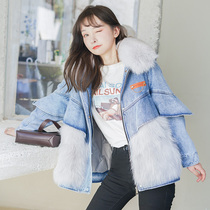 2021 Winter new denim stitching raccoon hair young Pike women loose fox fur coat