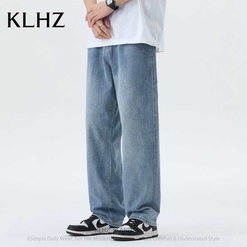 Klhz Trendy Brand New Jeans for Men, Spring Fashion Versatile Long Pants, American-Style Loose Wide-Leg Straight Pants for Men