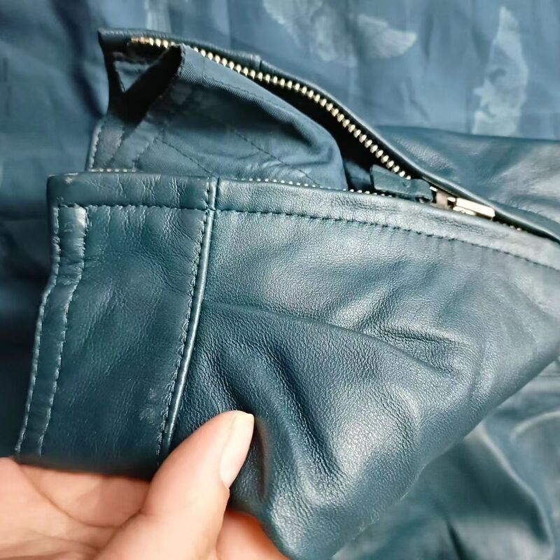 02 Spring and Autumn 80% New Flight Leather Jacket Men's Leather Jacket Convertible Stand-Up Collar Pilot Jacket Sky Blue Flight Suit