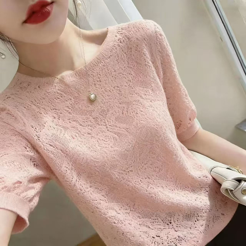 Lace Hollow-Out Crochet Knit Top for Women, New Summer Short-Sleeve Loose Fit, Slimming and Versatile, Stylish Tencel T-Shirt