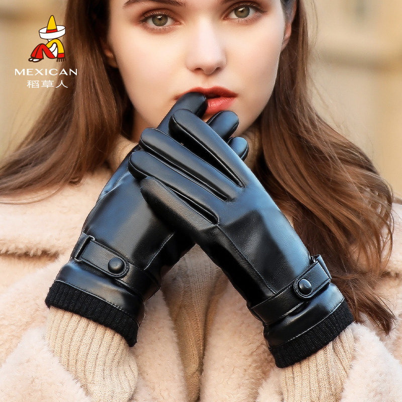 Scarecrow leather gloves for women, winter warm, fleece-lined, thickened, touchscreen, windproof and cute for winter cycling and motorcycling.