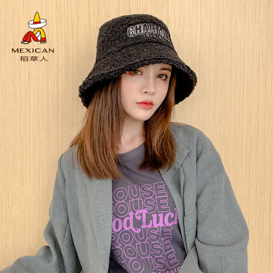 Scarecrow Hat for Women, Autumn and Winter, Japanese Style, Lamb Wool Fisherman Hat, Warm and Versatile, Korean Style, Trendy, Makes Face Look Smaller, Internet Celebrity Bucket Hat