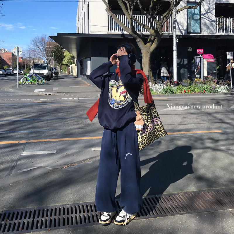 Coriander-Free, Non-Spicy Xiangcai Faux Two-Piece Plaid Navy Blue Casual Sweatpants for Women, New Autumn Style Loose Pants Coriander-Free, Non-Spicy Xiangcai Faux Two-Piece Plaid Navy Blue Casual Sweatpants for Women, New Autumn Style Loose Pants