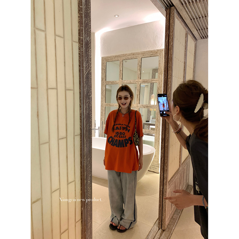 Coriander Without Spicy Xiangcai White and Orange Printed Loose Short-Sleeved T-Shirt for Women Summer New Versatile Top Coriander Without Spicy Xiangcai White and Orange Printed Loose Short-Sleeved T-Shirt for Women Summer New Versatile Top