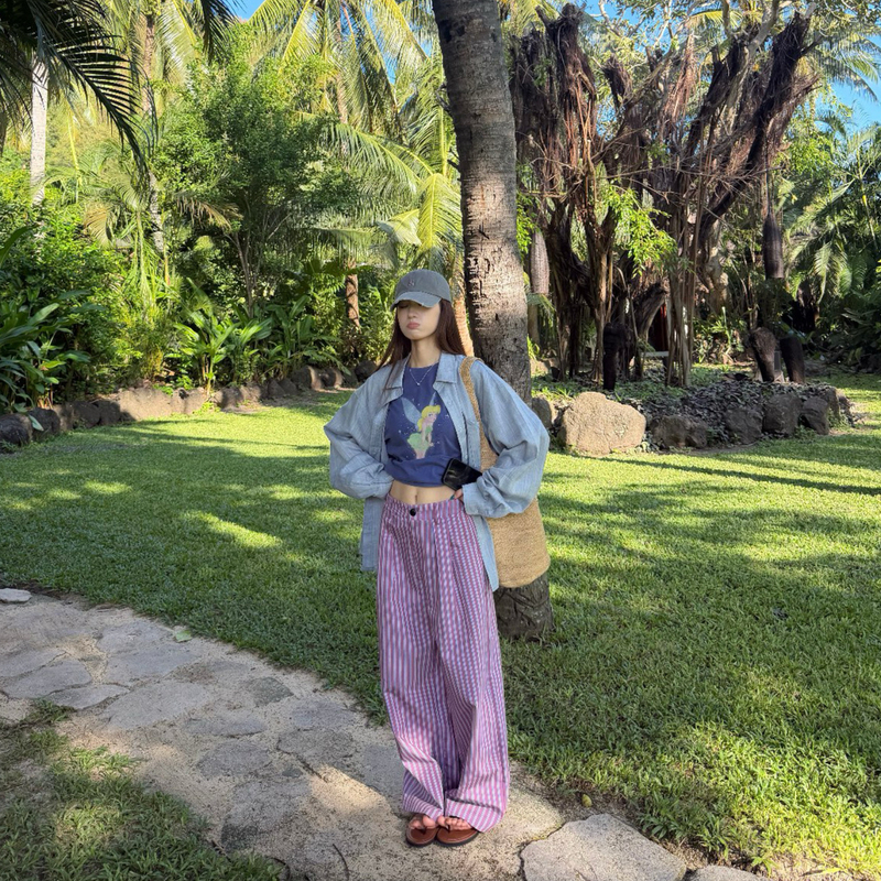 Coriander-Free Xiangcai Retro Lazy Style Tencel Striped Casual Pants for Women, Summer Loose Straight-Leg Pants