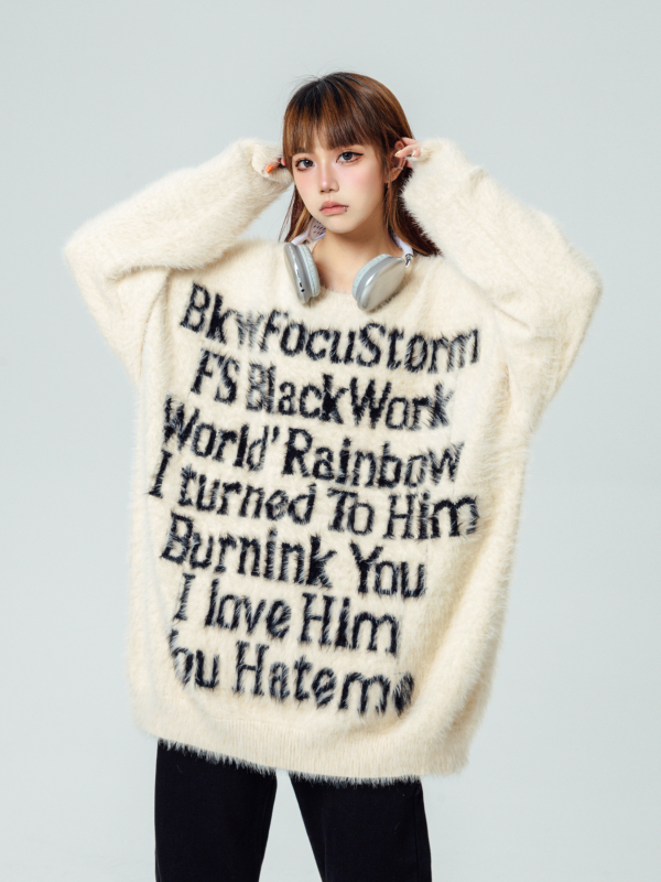 Mtteat Chinese-Style American Letter Print Sweater for Women, Spring and Autumn Street Style Loose Couple Knit Top