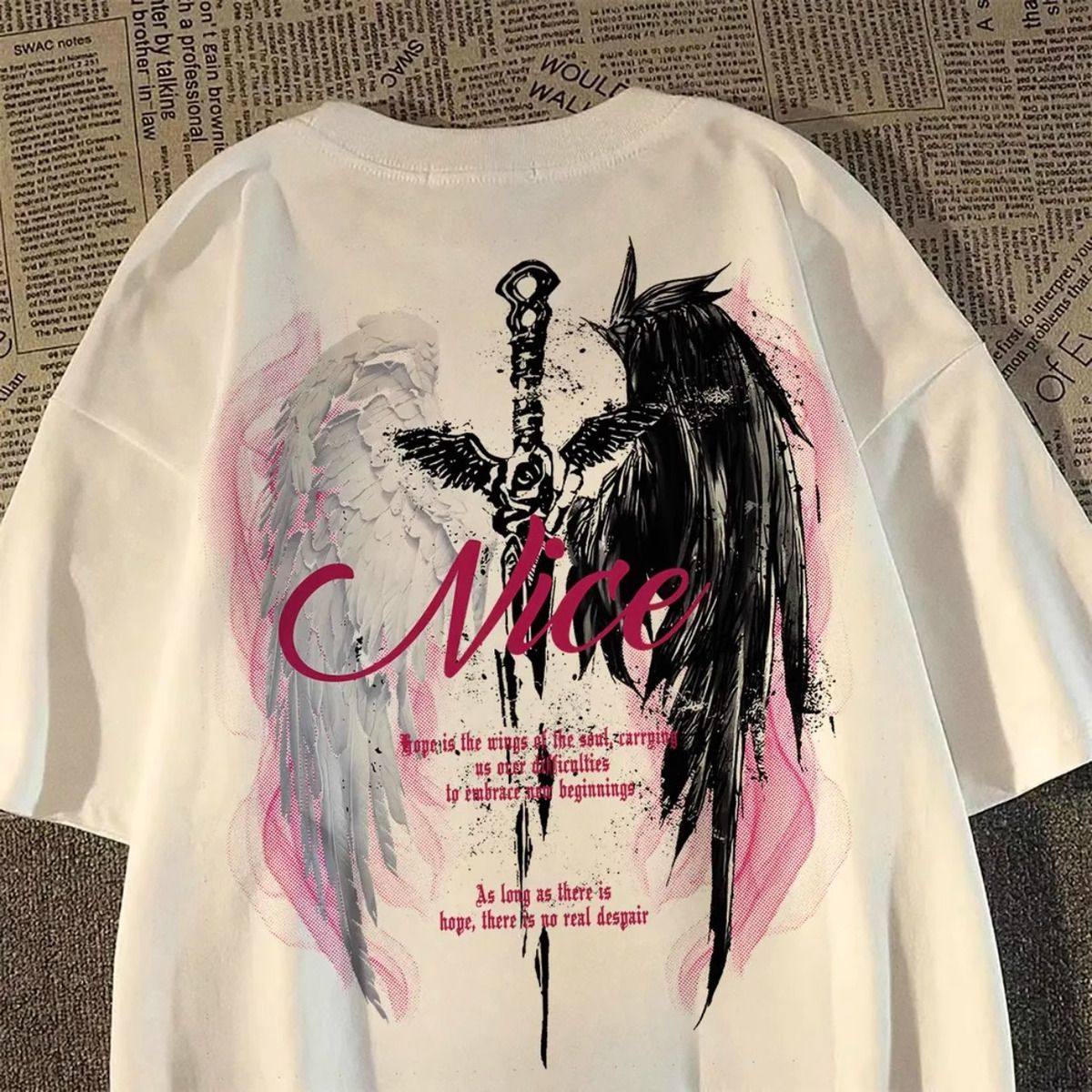綿100％、ヘビーウェイト、オーバーサイズ、トレンディな翼付き半袖Tシャツ、ユニセックス、中国風、ハイストリート、ゆったりとしたクールなトップス