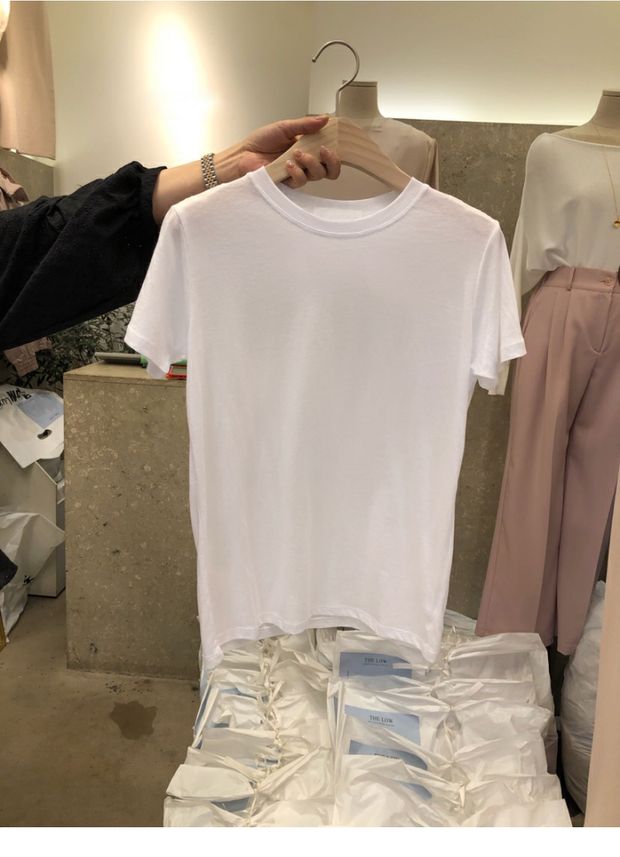 Hàn Quốc Dongdaemun 2019 hè mới đơn giản màu rắn nước ngoài ngắn tay áo thun nữ cổ tròn giản dị - Áo phông áo tay lỡ form rộng hàn quốc