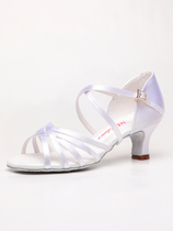 Hongtisa professional childrens Latin dance shoes for women and adults white satin mid-high heels national standard performance competition dance shoes