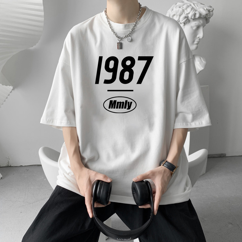 Summer Short Sleeve Men Loose t-shirt Korean version Trend Day Department Semi-amputee Compassionate Tide Cards Original Juku 50% sleeves 