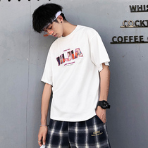 2021 trends t-shirt male port wind 50% sleeves ins day series 100 hitch loose short sleeve Korean version student half sleeve original juku
