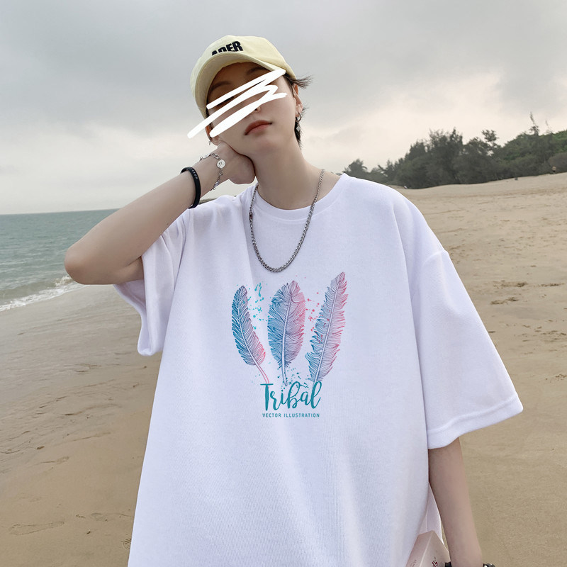 ins harbor wind short sleeve t-shirt male loose summer thin style cool feeling trend 100 hitch student print 50% sleeve male tide card 