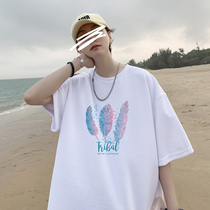 ins harbor wind short sleeve t-shirt male loose summer thin style cool feeling trend 100 hitch student print 50% sleeve male tide card