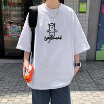 short sleeve t-shirt male port wind loose round collar cartoon printed 50% sleeves Chains Han version Leisure 100 lap half sleeve compassionate