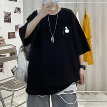 Short Sleeve T-Shirt Male Korean Version Loose Round Collar Printed Blouse Casual Harbor Wind Tide 100 lap 50% sleeves Bottom Compassionate