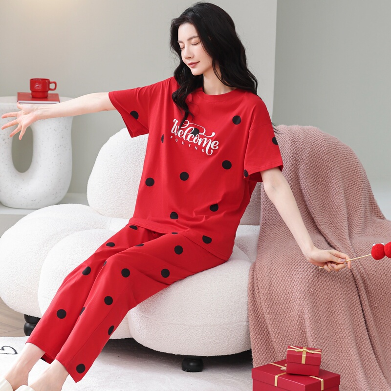 Women's Summer Pajamas, Pure Cotton, Red for the Year of Birth, Loose and Comfortable, Suitable for Spring and Autumn, All-Cotton Loungewear, Short-Sleeve and Long-Pants Set