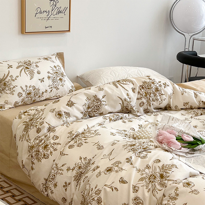 Pastoral style cotton printing four-piece small floral quilt cover ab surface cotton quilt cover dormitory single three-piece bed sheet