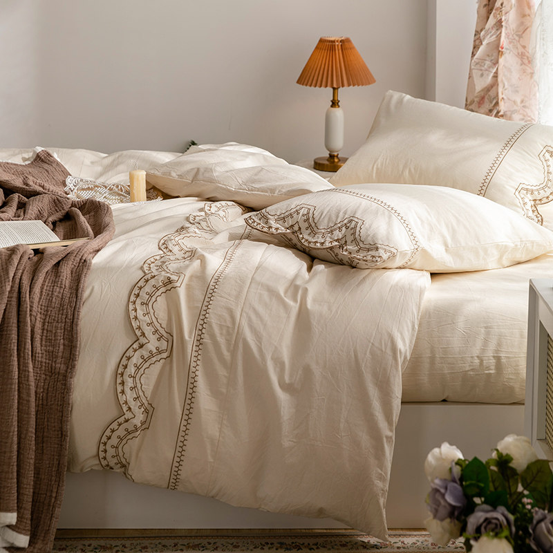Retro romantic cotton washed cotton four-piece set large lace embroidered quilt cover pure cotton quilt cover 1 8 bed sheets