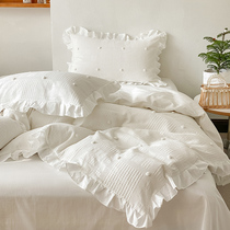 Korean Version Princess Wind All Cotton Washed Cotton Four Sets Lotus Leaf Side Quilt Cover Solid Jacquard Pure Cotton Quilt Cover Bed Linen Bed