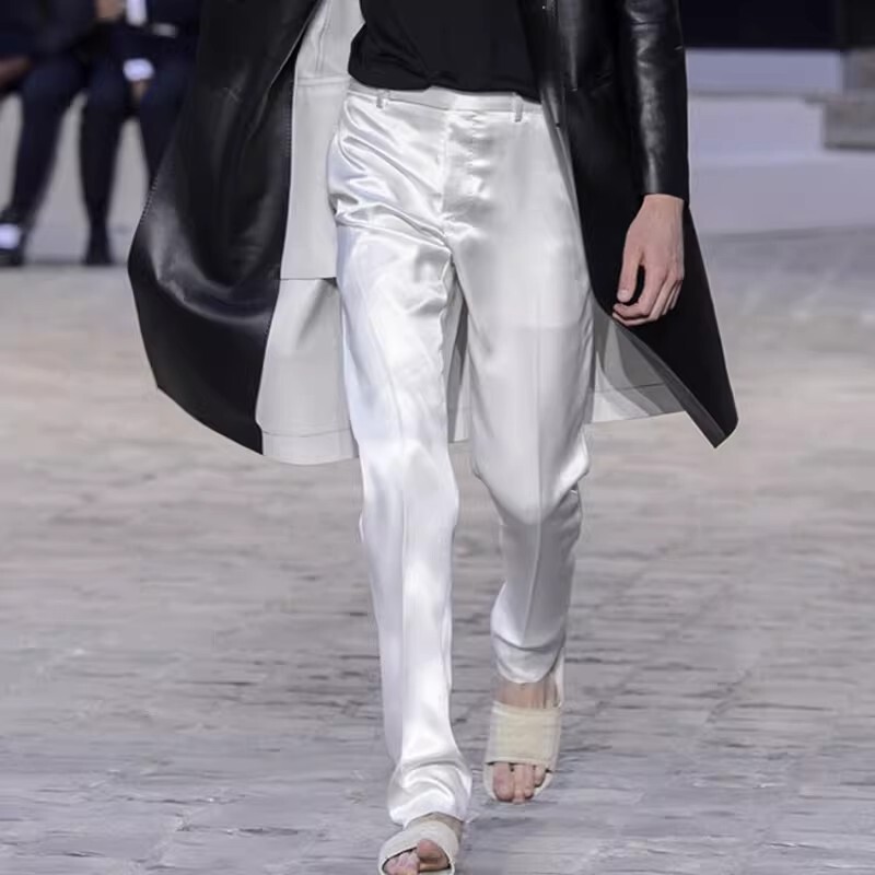 2025 Summer Men's White Acetate Casual Pants Japanese Imported Acetate Satin Loose Silky Thin Long Pants Trendy