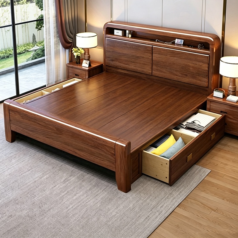 Walnut-Colored Solid Wood Bed 2026 New Model Bed 1.8m Double Bed with Hard Backrest, Modern Simple Thickened Bedroom Bed 1.5m Walnut-Colored Solid Wood Bed 2026 New Model Bed 1.8m Double Bed with Hard Backrest, Modern Simple Thickened Bedroom Bed 1.5m