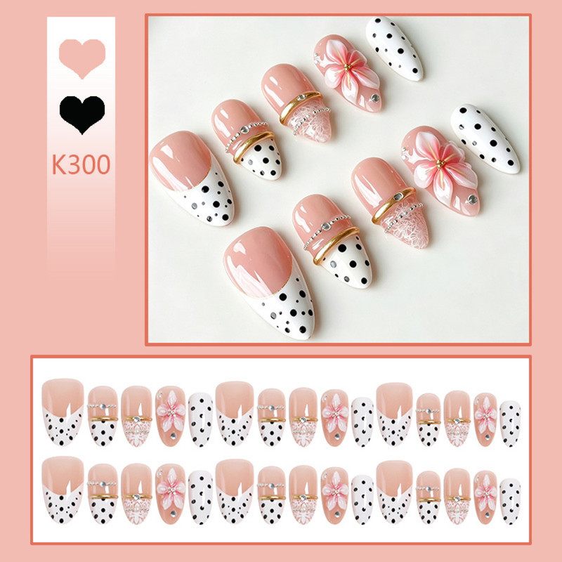 Three-Dimensional Flower Handmade Wearable Nails with 3D Carved Almond French Polka Dots, Sweet Lace Holiday Fake Nail Tips Three-Dimensional Flower Handmade Wearable Nails with 3D Carved Almond French Polka Dots, Sweet Lace Holiday Fake Nail Tips