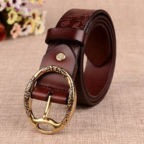 2021 New wide round buckle womens cowhide belt vintage pin buckle Joker belt fashion embossed jeans decoration
