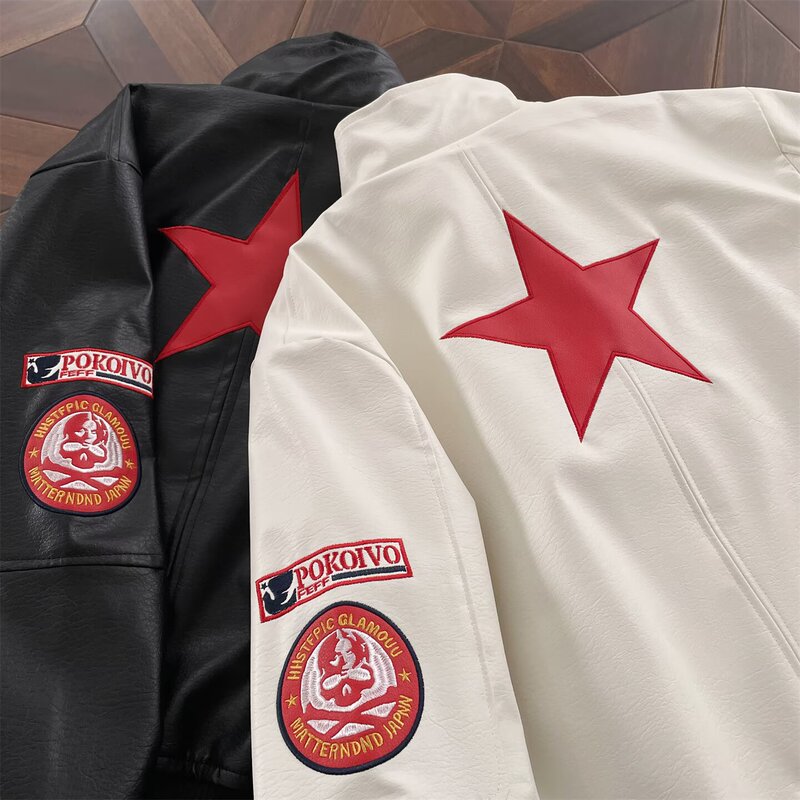 Embroidered Star Badge Pu Leather Jacket for Men and Women, American Street Style, Cool Stand-Up Collar Motorcycle Leather Jacket, Pilot Jacket Embroidered Star Badge Pu Leather Jacket for Men and Women, American Street Style, Cool Stand-Up Collar Motorcycle Leather Jacket, Pilot Jacket