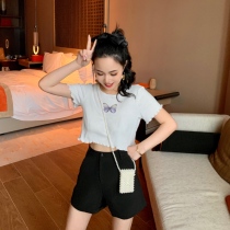 at ease at ease in small sub-butterfly printed t-shirt female summer agaric side short sleeve ice silk knit undershirt blouse