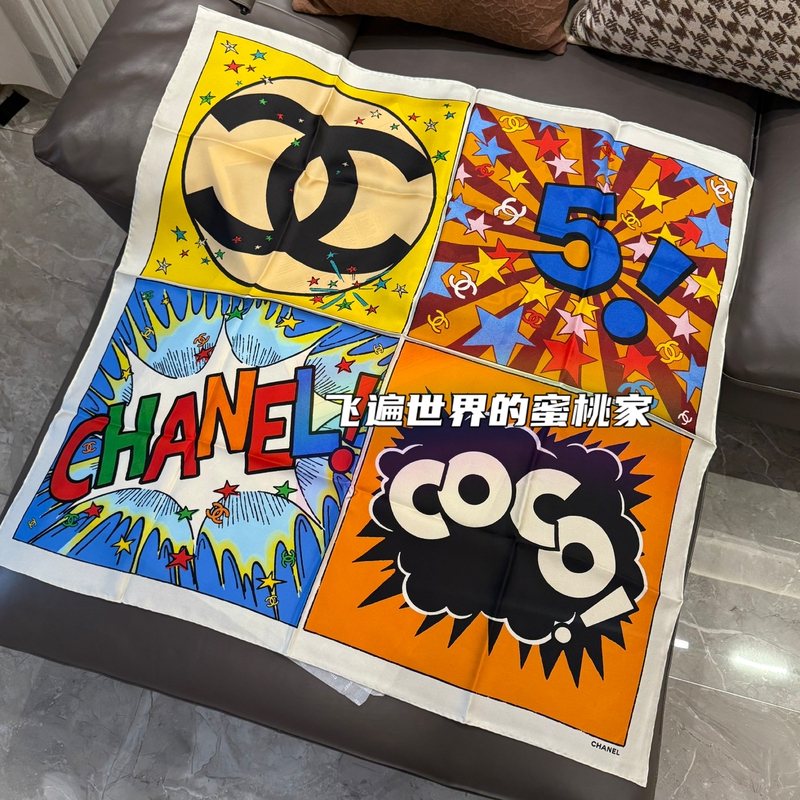 [in Stock] Chanel/26A Colorful Comic Coco Chanel Large Double C Logo Silk Scarf Square Scarf 90*90