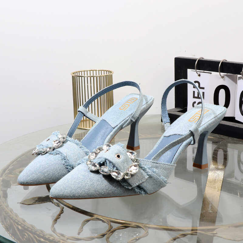 Denim high heels, 2024 autumn style, princess sexy rhinestone closed-toe sandals, elegant girly pointed-toe shoes