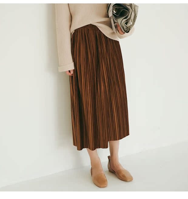 Eo cao retro Một mẫu váy nữ mùa thu đông 2018 phiên bản Hàn Quốc mới của váy xếp li mỏng hoang dã trên đầu gối dài chân váy chữ a xếp ly