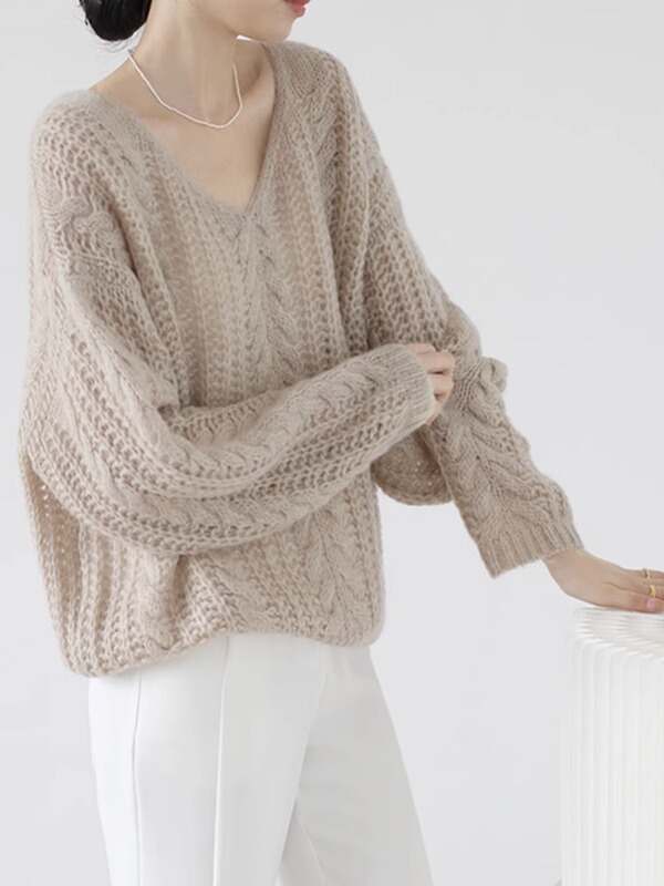 French-Style Lazy Chic Soft Mohair Sweater for Women, Spring and Autumn, Gentle and Elegant V-Neck Hollow-Out Knit Top