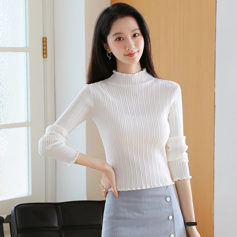 2025 New Autumn and Winter Half-Turtleneck Sweater for Women, White Base Layer Slim-Fit Knit Top with Versatile Ruffled Edges
