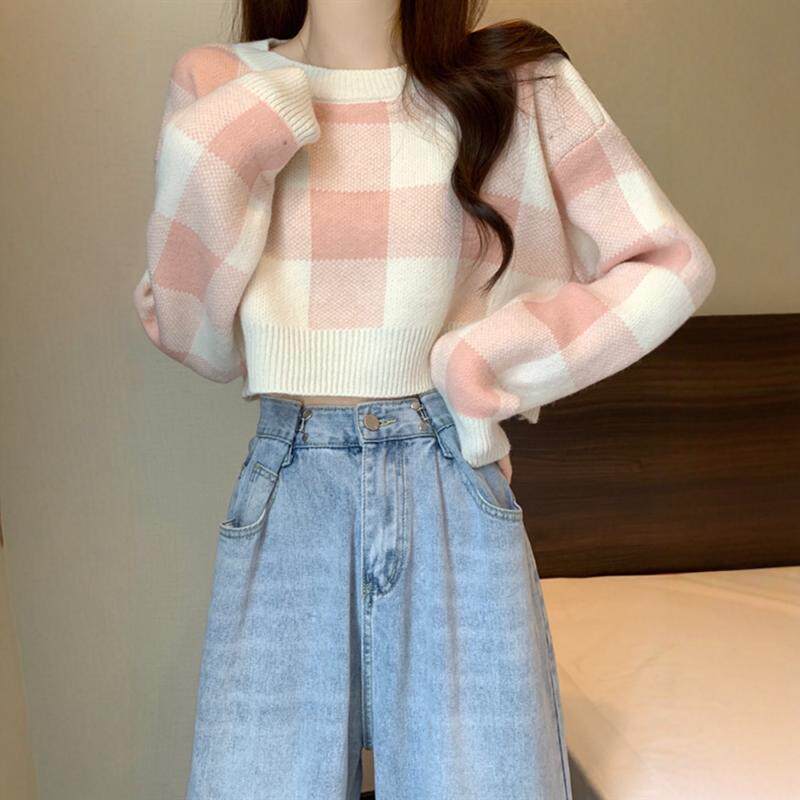 Gentle Pink Plaid Short Pullover Sweater for Women, Autumn and Winter High-Waisted Knitted Base Layer Top for Petite Figures