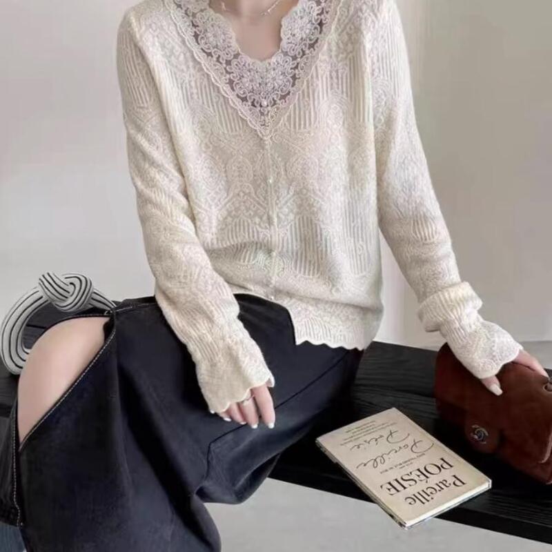 French-Style Quality V-Neck Lace-Trimmed Knit Sweater for Women, Spring and Autumn 2026 New Design, Niche Base Layer Top