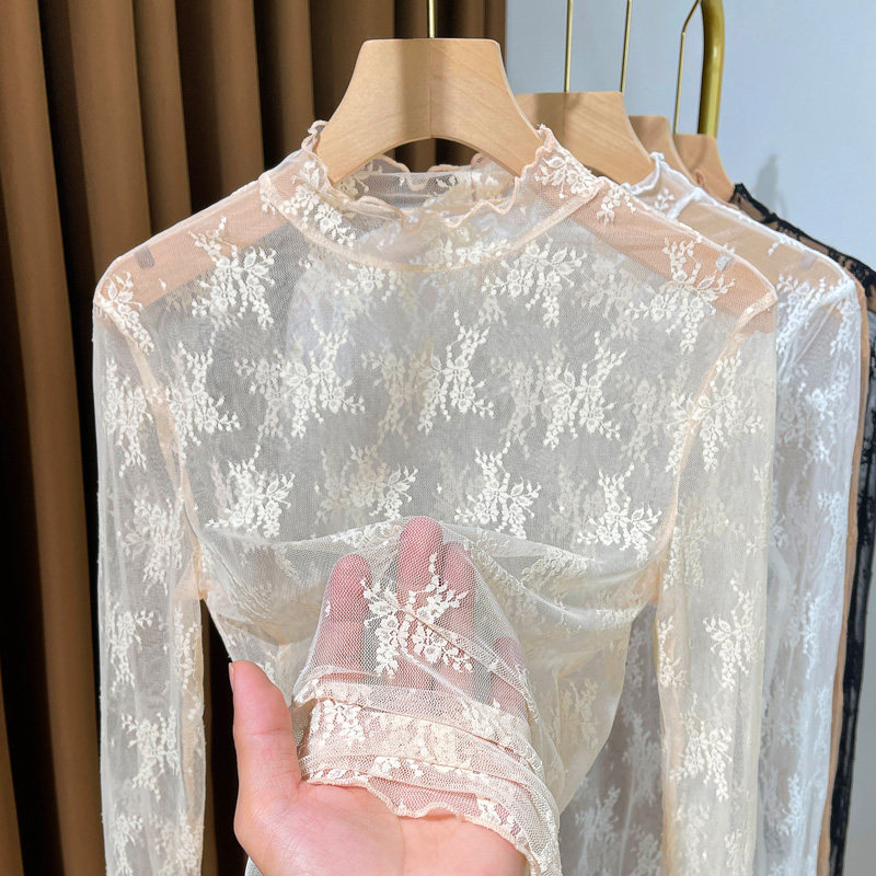 Half-High Collar Thin Lace Base Shirt for Women, New Spring and Summer Style, Layered Mesh Top, Loose and Stylish Blouse for Women