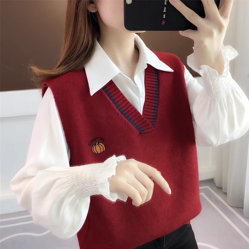 2026 New Style Red Vest Spring and Autumn Outerwear Shirt and Vest Two-Piece Set Women's Sweater Knitwear Autumn and Winter