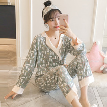 Kimono pajamas womens spring and Autumn long-sleeved cotton two-piece suit bear Korean version of fresh student cute home clothes