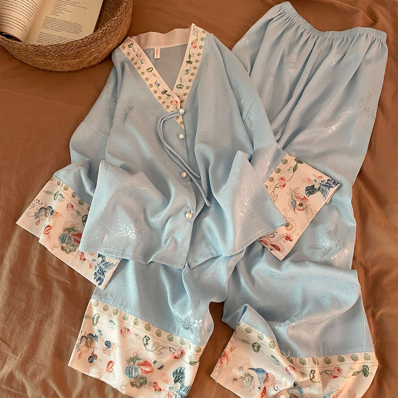 Women's Summer Pajamas, Ice Silk, Three-Quarter Sleeves, Plus Size, Can Be Worn Outside, 26 New Styles, Chinese Style Blue Set, Spring and Autumn Loungewear