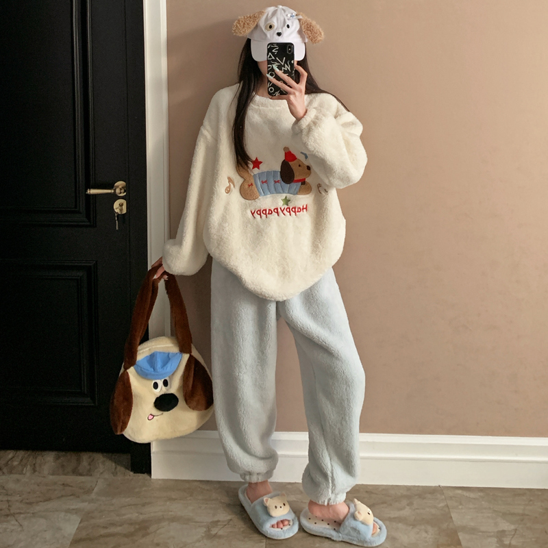 Pajamas for Girls in Winter, Coral Velvet, Large Size, Warm, Can Be Worn Outside in Winter, Plush Blue Striped Puppy Suit, Home Clothes Pajamas for Girls in Winter, Coral Velvet, Large Size, Warm, Can Be Worn Outside in Winter, Plush Blue Striped Puppy Suit, Home Clothes