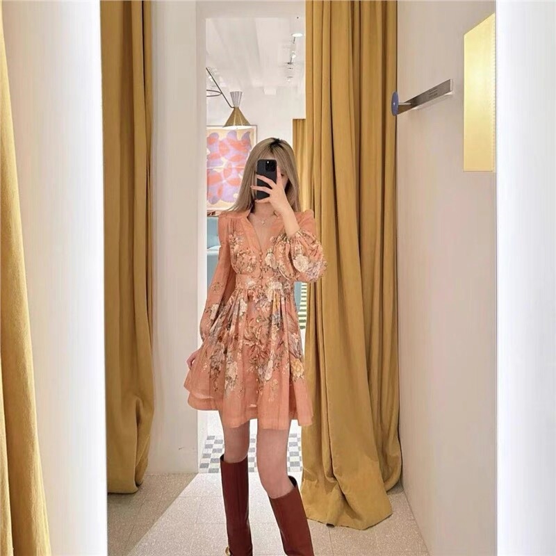 Z Brand High-End 2025 Autumn New Pink V-Neck Lantern Sleeve Printed Mini Dress