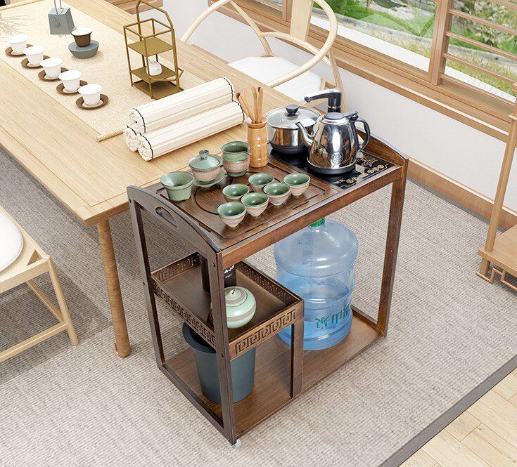 Small coffee table removable tea cart table solid wood with wheels bucket kettle shelf multifunctional sofa side