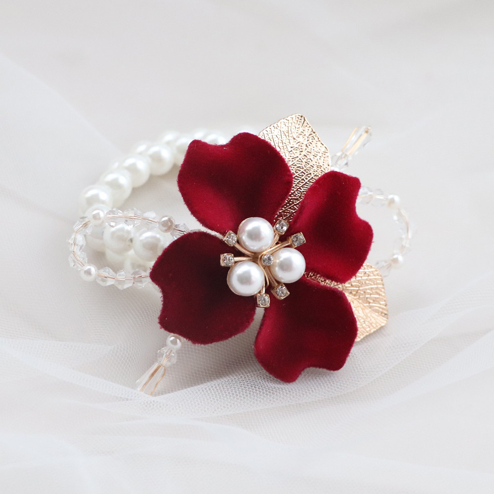 Wine Red Flocking Flowers Pearl Elastic Wrist Flowers Brides Wedding Hands bridesmaid Sister Group Bracelet Events-Taobao