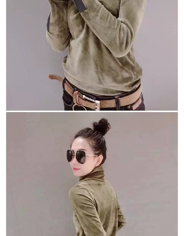 Áo nhung vàng nữ dài tay mùa thu đông phiên bản Hàn Quốc của nữ triều lớn áo cổ cao cạp cao áo thun rộng là áo mỏng